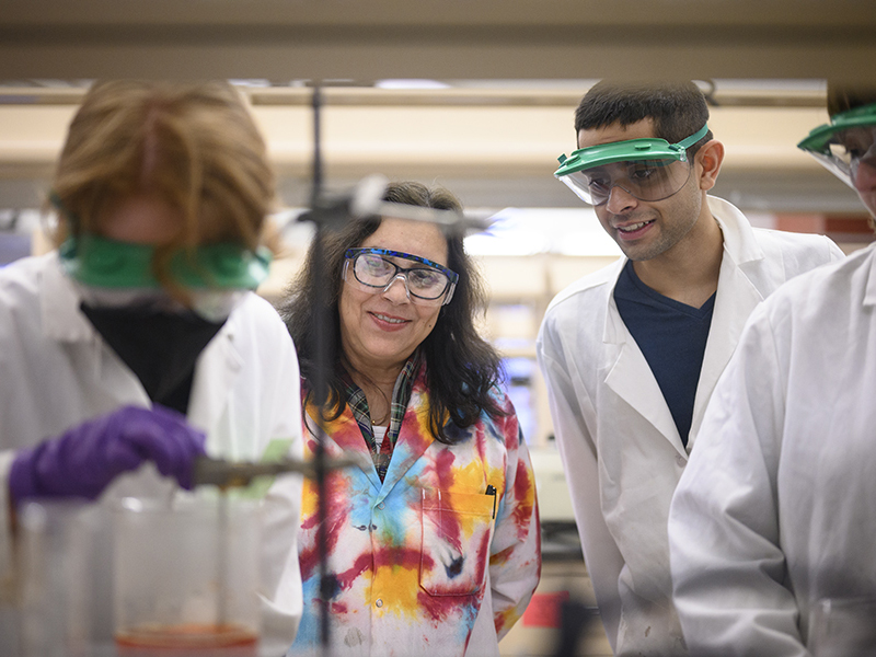 Gloria Silva and students in the lab producing a dye